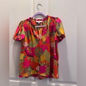 Rose & Olive Tropical Puff-Sleeve V-Neck Blouse in Pink, Orange, Green, Yellow
